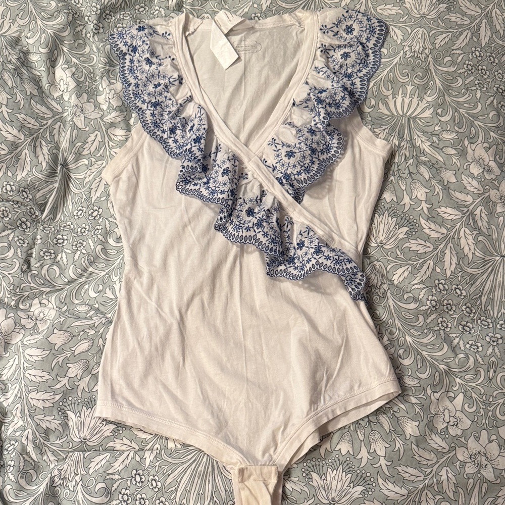 Intimissimi White and Blue Eyelet Lace Bodysuit